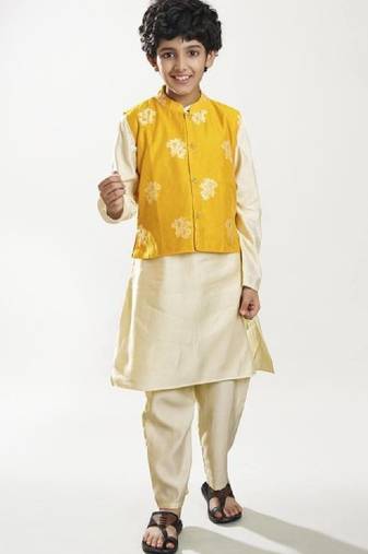Boys solid kurta with pyjama & nehru jacket