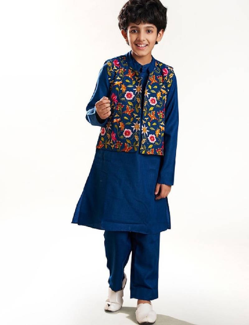 Boys band collar kurta with pyjamas & nehru jacket