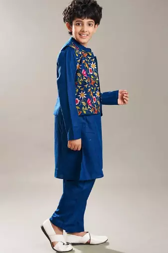 Boys band collar kurta with pyjamas & nehru jacket