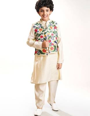 Boys floral embroidered kurta with pyjamas & waistcoat 1