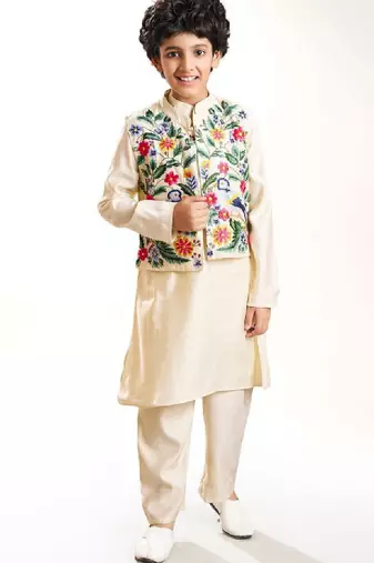 Boys floral embroidered kurta with pyjamas & waistcoat