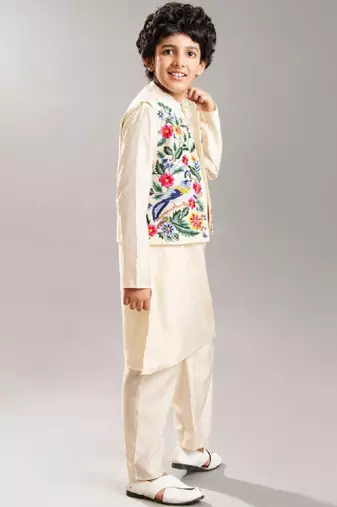 Boys floral embroidered kurta with pyjamas & waistcoat