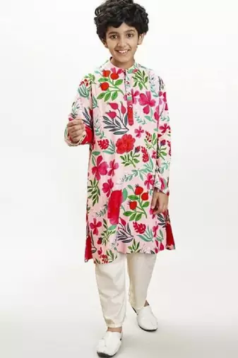 Boys floral printed mandarin collar regular kurta with pyjamas
