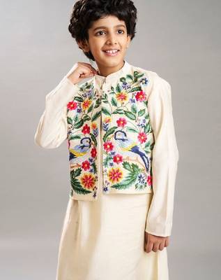 Boys floral embroidered kurta with pyjamas & waistcoat 4
