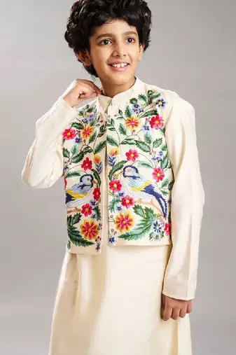 Boys floral embroidered kurta with pyjamas & waistcoat