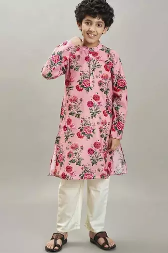 Boys floral printed mandarin collar regular kurta with pyjamas