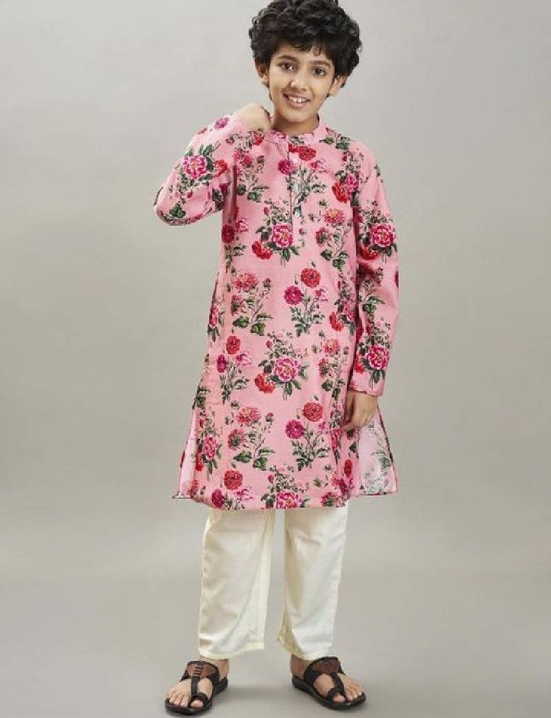 Boys floral printed mandarin collar regular kurta with pyjamas
