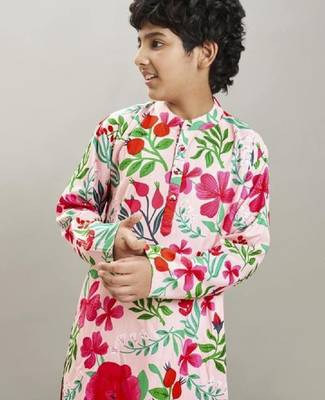 Boys floral printed mandarin collar regular kurta with pyjamas 2