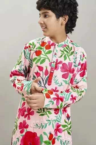 Boys floral printed mandarin collar regular kurta with pyjamas