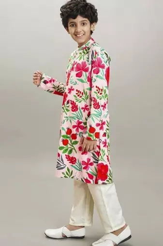 Boys floral printed mandarin collar regular kurta with pyjamas
