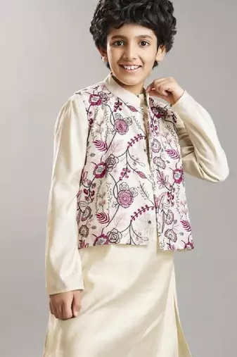 Boys long sleeve kurta & pyjamas with booti embroidery jacket