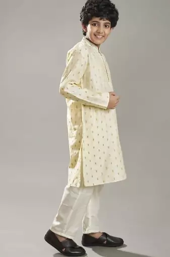 Boys ethnic motifs woven design mandarin collar straight kurta with pyjamas