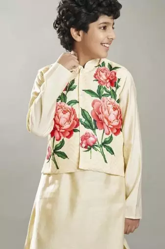 Boys printed mandarin collar kurta with pyjamas & jacket
