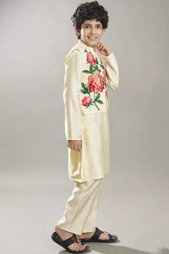 Boys printed mandarin collar kurta with pyjamas & jacket