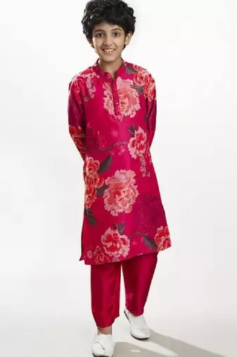 Boys floral printed mandarin collar regular kurta with pyjamas