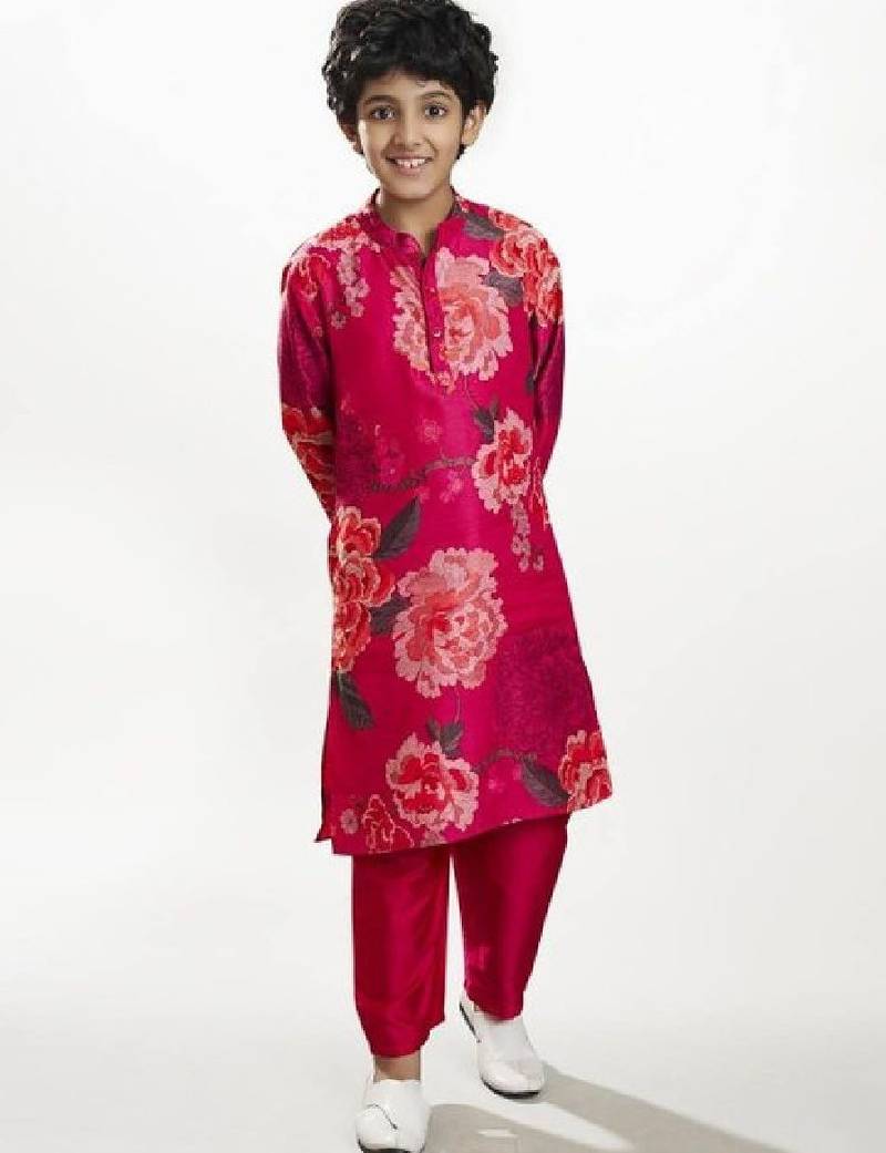 Boys floral printed mandarin collar regular kurta with pyjamas