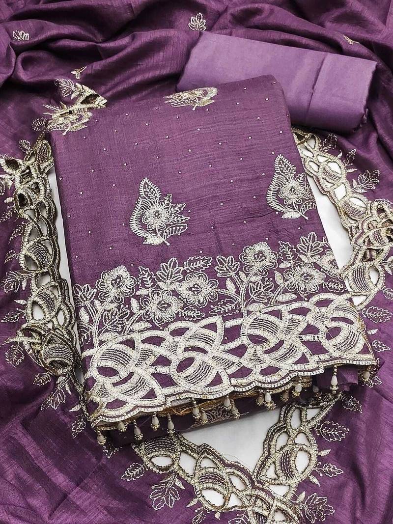 Embroidered Art Silk Unstitched Dress Material