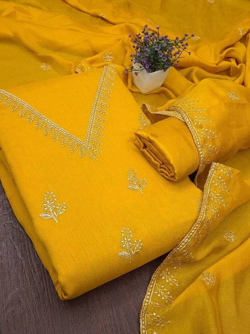 Embroidered Art Silk Unstitched Dress Material