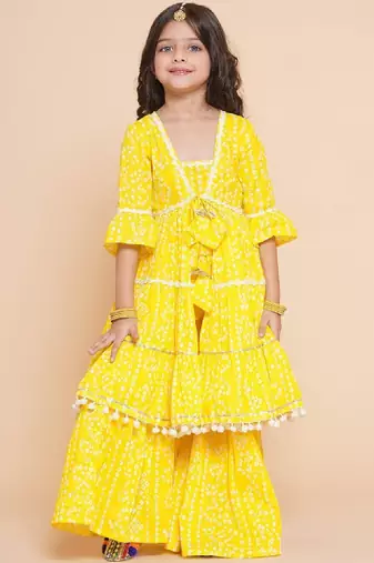 Girls bandhani printed empire pure cotton kurta with sharara