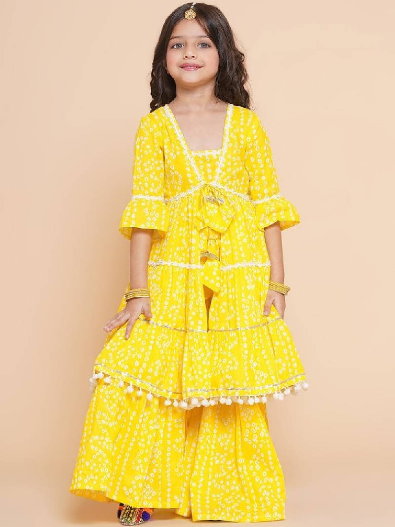 Girls bandhani printed empire pure cotton kurta with sharara
