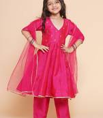 Girls embroidered angrakha kurta with trousers & dupatta