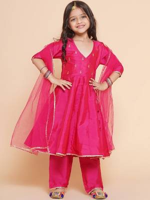 Girls embroidered angrakha kurta with trousers & dupatta 1