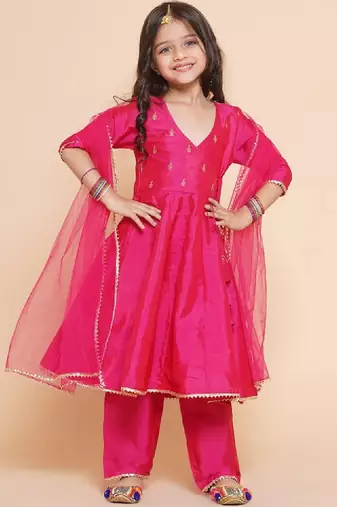 Girls embroidered angrakha kurta with trousers & dupatta