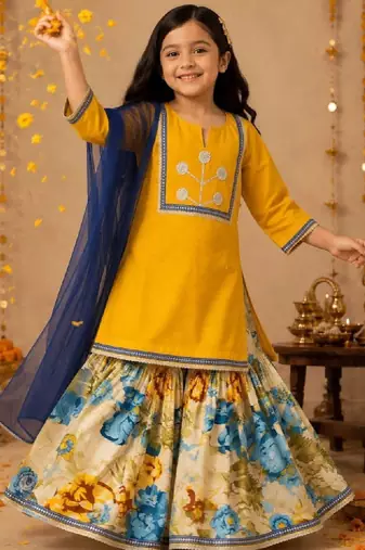Girls floral embroidered regular thread work chanderi cotton kurta with sharara & with