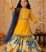 Girls floral embroidered regular thread work chanderi cotton kurta with sharara & with