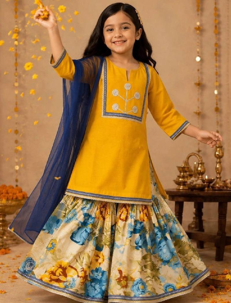 Girls floral embroidered regular thread work chanderi cotton kurta with sharara & with