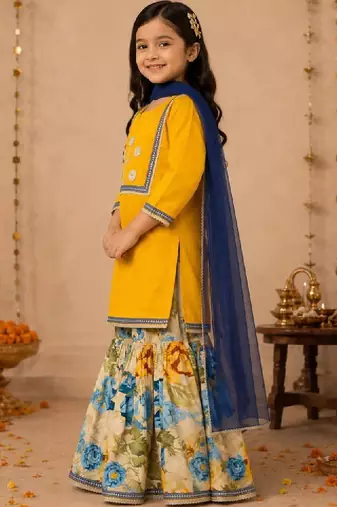 Girls floral embroidered regular thread work chanderi cotton kurta with sharara & with