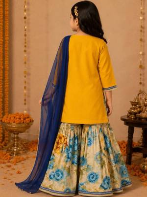 Girls floral embroidered regular thread work chanderi cotton kurta with sharara & with 3