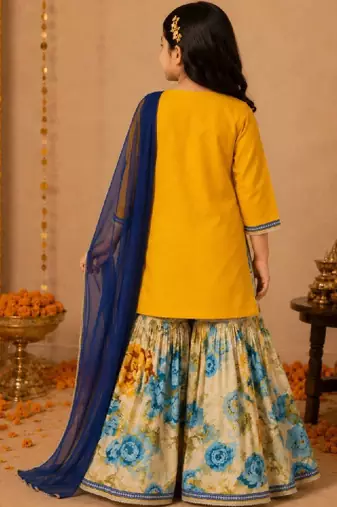 Girls floral embroidered regular thread work chanderi cotton kurta with sharara & with