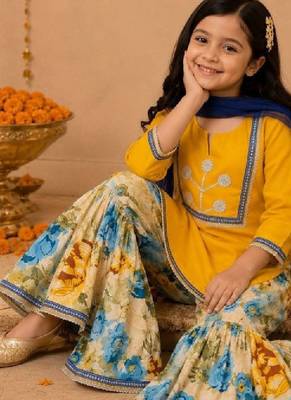 Girls floral embroidered regular thread work chanderi cotton kurta with sharara & with 4