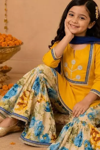 Girls floral embroidered regular thread work chanderi cotton kurta with sharara & with