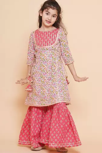 Girls printed gotta patti pure cotton kurta with sharara