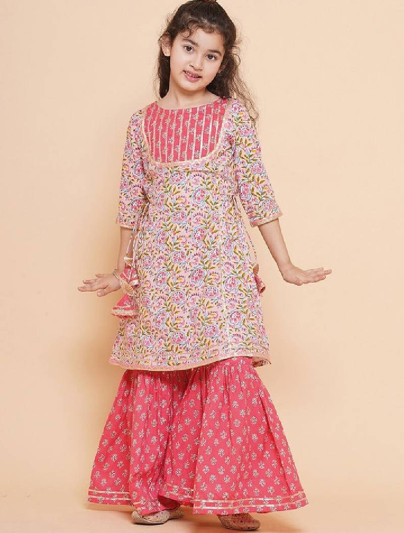 Girls printed gotta patti pure cotton kurta with sharara