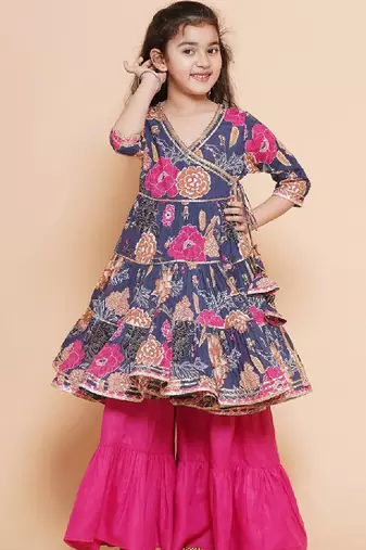 Floral printed angrakha gotta patti pure cotton kurta with sharara