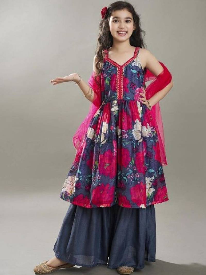 Girls floral printed regular kurta set and dupatta