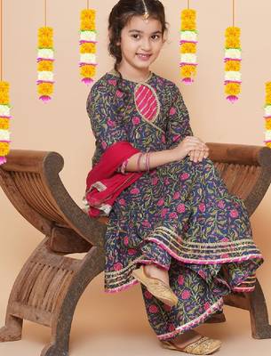 Girls floral printed angrakha gotta patti pure cotton kurta set 1
