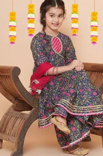 Girls floral printed angrakha gotta patti pure cotton kurta set