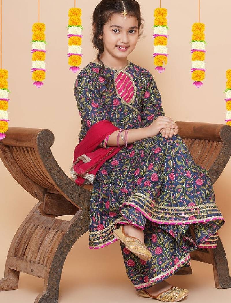Girls floral printed angrakha gotta patti pure cotton kurta set
