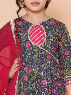 Girls floral printed angrakha gotta patti pure cotton kurta set 2