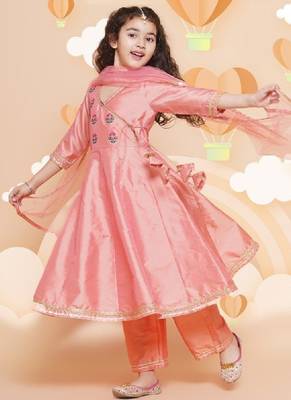 Girls embroidered angrakha gotta patti kurta with trousers & dupatta 1