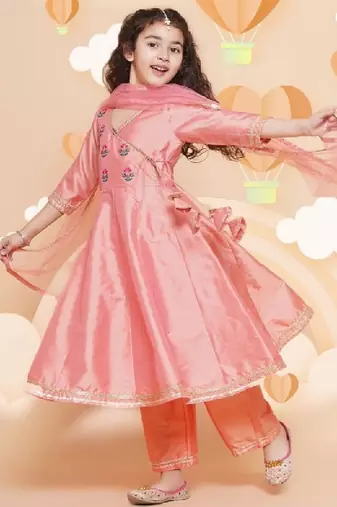 Girls embroidered angrakha gotta patti kurta with trousers & dupatta