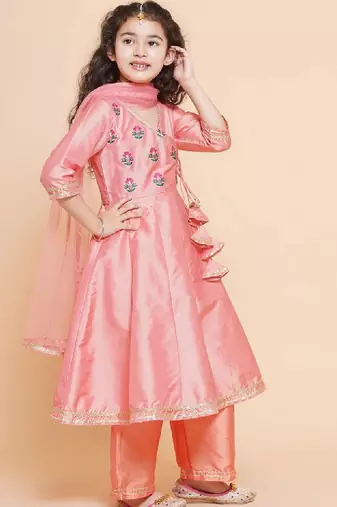 Girls embroidered angrakha gotta patti kurta with trousers & dupatta