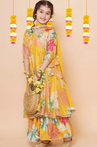Girls yellow floral printed angrakha gotta patti kurta with sharara & with dupatta