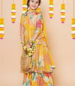 Girls yellow floral printed angrakha gotta patti kurta with sharara & with dupatta