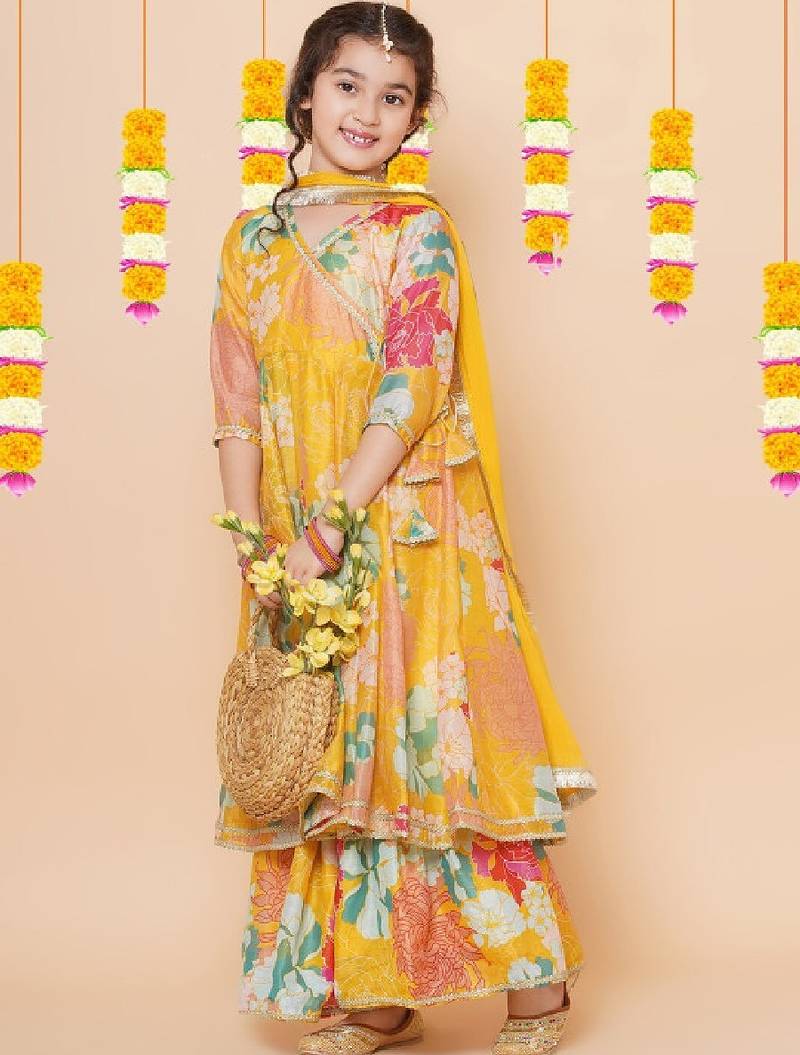 Girls yellow floral printed angrakha gotta patti kurta with sharara & with dupatta