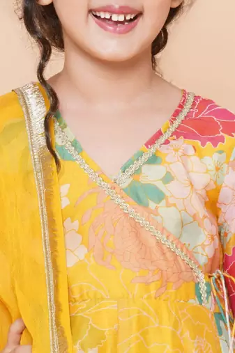 Girls yellow floral printed angrakha gotta patti kurta with sharara & with dupatta